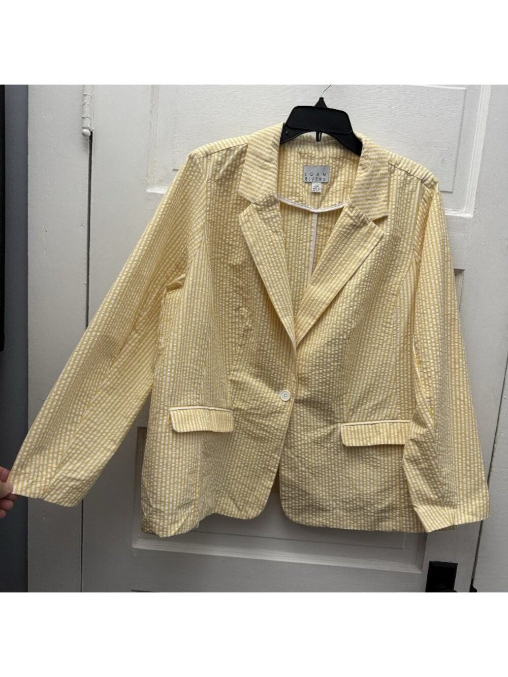 Joan Rivers 22W Yellow White Seersucker Cotton Blazer Jacket Plus Size